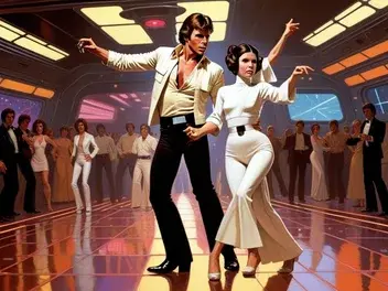han solo as travolta in saturday night fever. disco , dance floor , leia. in the style of john berkey