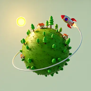 a 3d render of a cartoon planet with tiny trees houses and a rocket orbiting around it lit from the left by a