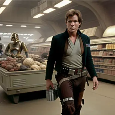 Han Solo grocery shopping in a dingy old scrap shop in Mos Eisley with Princess Leia, C3PO, R2D2