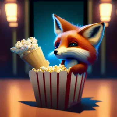 Cute small Fox sitting in a movie theater eating popcorn watching a movie ,unreal engine, cozy indoor lighting, artstation, deta