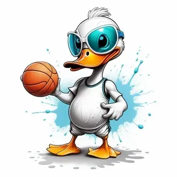 drawing of a full cartoon of a duck with eye patches, weird appearance playing basketball, Ron English concept art, dribbling