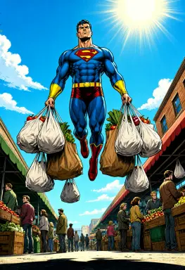a comic book splash page of a superhero whose only power is carrying everyone s groceries flying over a sunny