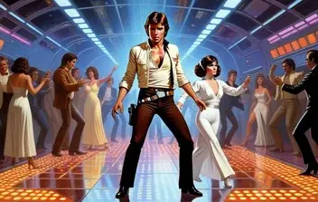 han solo as travolta in saturday night fever. disco , dance floor , leia. in the style of john berkey