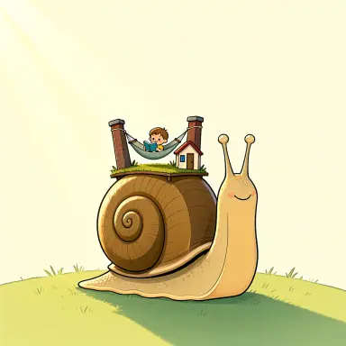 a cartoon illustration of a snail with a tiny house on its back that is a sunny campsite a hammock between
