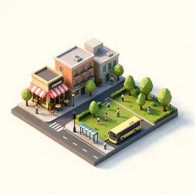 an isometric 3d render of a tiny city block with a caf a park a bus stop and little people lit from the top