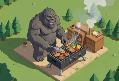 a yeti at a barbecue isometric illustration