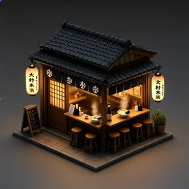 a 3d render of a tiny japanese ramen shop diorama at night with lanterns and steam lit by warm lantern light