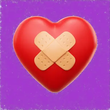 a 3d emoji style heart with a bandage across it glossy red material