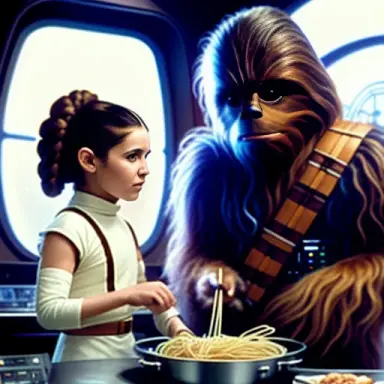 Chewbacca and young Princess Leia trying to cook spaghetti and meatballs onboard the Millennium Falcon