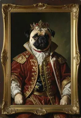 a pug dressed as a renaissance prince classical portrait oil painting style gold frame