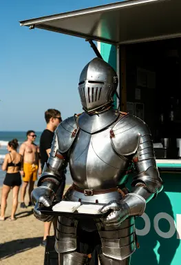 a photograph of a knight in full plate armour queueing at a sunny food truck with surfers and tourists