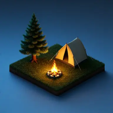 a 3d render of a tiny camping scene a tent a campfire and a pine tree on a square patch of ground lit by the
