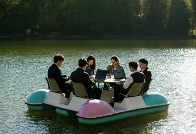 a photograph of a group of office workers holding a meeting around a conference table set up on a floating