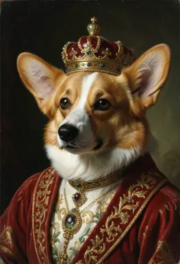 a corgi in a crown royal portrait painting