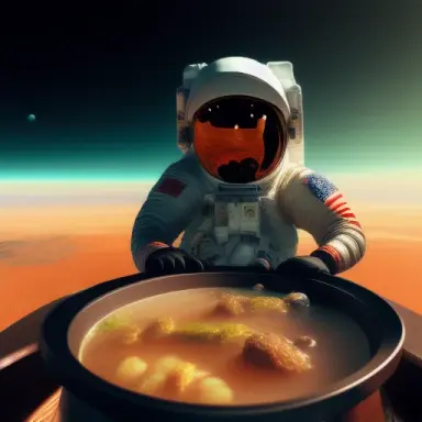 Astronaut, Mars, eating hot pot, myself, horizon, cyberpunk, universe, super wide angle, running, food, space