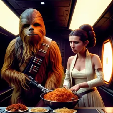 Chewbacca and Princess Leia trying to cook spaghetti and meatballs onboard the Millennium Falcon