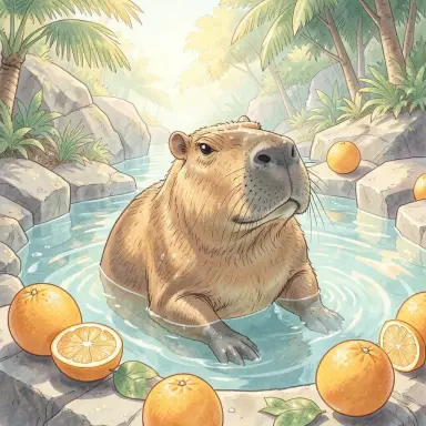a capybara in a hot spring with oranges illustration