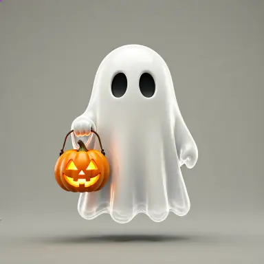 a 3d render of a cute ghost character holding a pumpkin lantern lit by the orange lantern glow soft