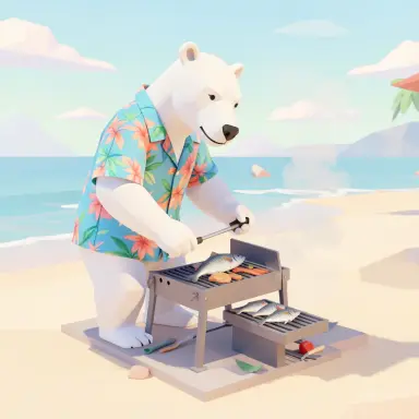 a polar bear in a hawaiian shirt grilling fish on a beach low poly 3d render pastel