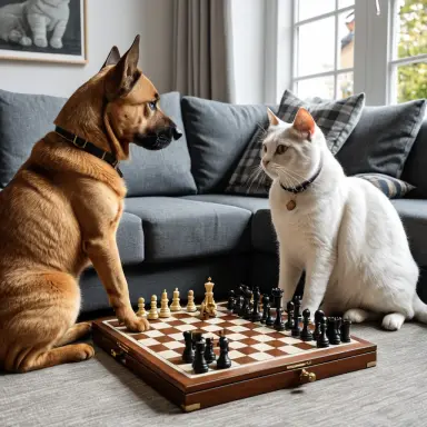 photograph style of a cat and a dog playing chess on a sofa with very serious faces cozy living room