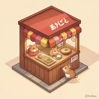 a hamster running a tiny ramen stand for mice isometric illustration warm colours