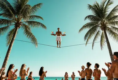 a photograph of a tightrope walker crossing between two palm trees above a sunlit beach carrying a tray with