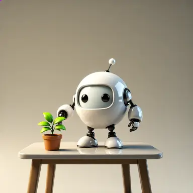 a 3d render of a cute round robot watering a small potted plant on a table lit from the left by soft studio
