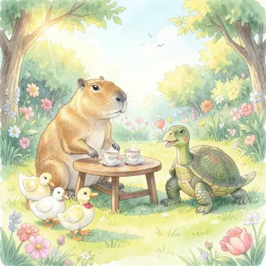 a capybara hosting a tea party for ducks and a turtle in a sunny garden watercolor illustration