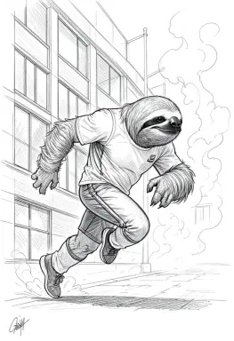 concept sketch of a sloth as a sprinter with windows and smoke
