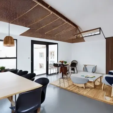 interior design, open plan, kitchen and living room, modular furniture with cotton textiles, wooden floor, high ceiling, large s