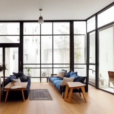 interior design, open plan, kitchen and living room, modular furniture with cotton textiles, wooden floor, high ceiling, large s