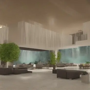 modern hotel lobby HD with a waterfall Octane Render 8k photorealistic 32mm shot