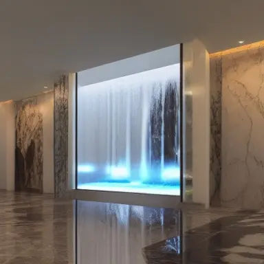 modern hotel lobby with a waterfall HD Octane Render 8k photorealistic 32mm shot 025