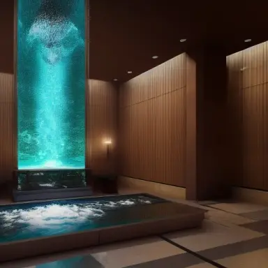 modern hotel lobby with a waterfall HD Octane Render 8k photorealistic 32mm shot 03