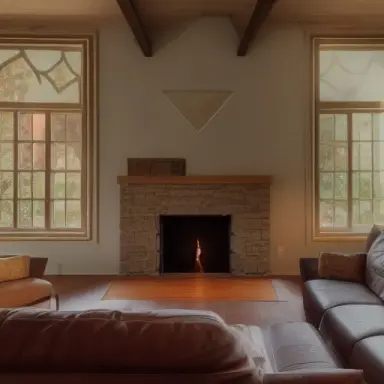 dark room with volumetric light god rays shining through window onto stone fireplace in front of leather couch