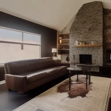 dark room with volumetric light god rays shining through window onto stone fireplace in front of leather couch