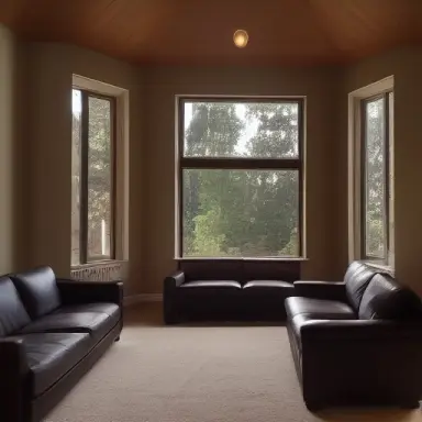 dark room with volumetric light god rays shining through window onto stone fireplace in front of leather couch