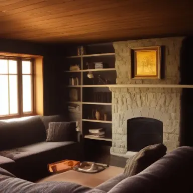 dark room with volumetric light god rays shining through window onto stone fireplace in front of cloth couch