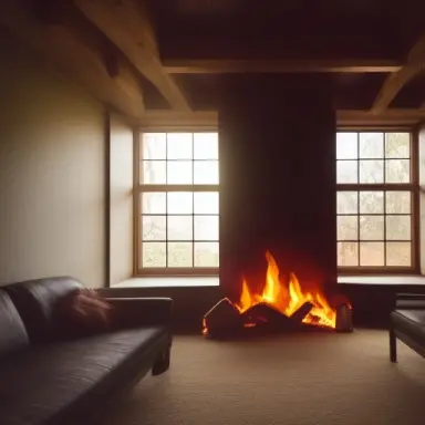 dark room with volumetric light god rays shining through window onto stone fireplace with fire in front of cloth couch