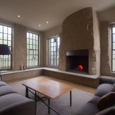 dark room with volumetric light god rays shining through window onto stone fireplace with fire in front of cloth couch