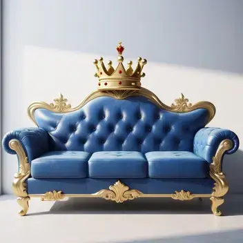blue couch with crown over it, simple logo, fine details, 4k resolution
