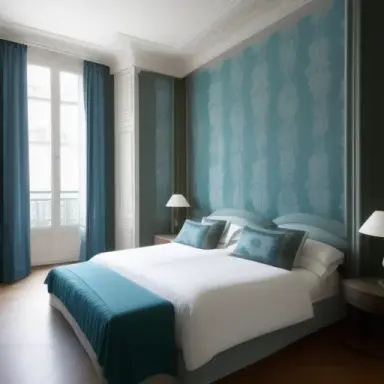 Parisian luxurious interior penthouse bedroom, light textile walls