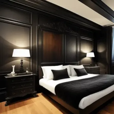Parisian luxurious interior penthouse bedroom, dark walls, wooden panels