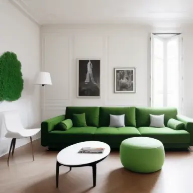 Parisian style interior of big living room, white walls, green sofa