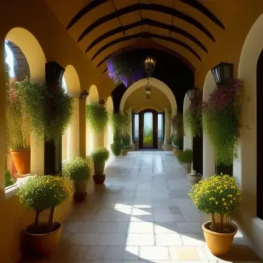 mediterranean luxurious interior veranda, dark walls, flowers plants, antique