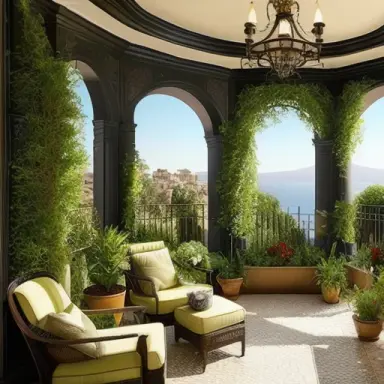 mediterranean luxurious interior terrace, dark walls, flowers plants, checkeered