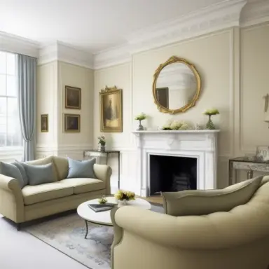 london classic luxurious interior living room, white walls, flowers