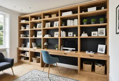 a home office with oak shelves photograph