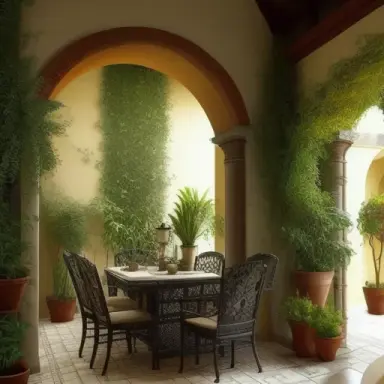 mediterranean luxurious interior terrace, dark walls, flowers plants,weaving