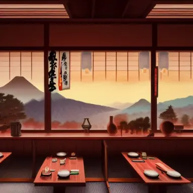 interior of a classic japanese restaurant with mountains, sunrise through windows, rustic, hyperdetailed, artstation, cgsociety,
